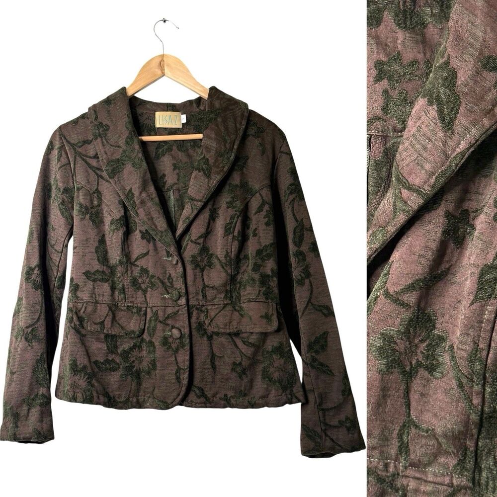 VTG LISAZ Brown Green Tapestry Floral Blazer Jacket Sz S Boho Cottagecore Retro